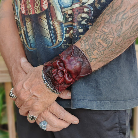 Handcrafted Small Genuine Vegetal Black and Maroon Leather Embossed Skull Design Cuff - Unisex Cool Gift Skull Leather Bracelet Wristband
