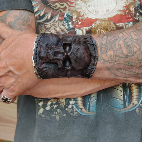 Handcrafted Small Genuine Vegetal Black Leather Embossed Skull Design Cuff - Unisex Cool Gift Skull Leather Bracelet Wristband