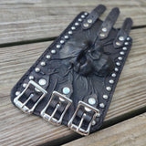 Handcrafted Genuine Vegetal Black Leather Embossed Skull Design With Revit's Cuff-Unisex Cool Gift Skull Leather Bracelet Wristband