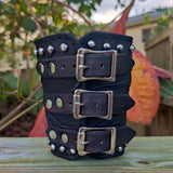 Handcrafted Genuine Vegetal Black Leather Embossed Skull Design With Revit's Cuff-Unisex Cool Gift Skull Leather Bracelet Wristband