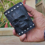Handcrafted Genuine Vegetal Black Leather Embossed Skull Design With Revit's Cuff-Unisex Cool Gift Skull Leather Bracelet Wristband