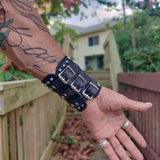 Handcrafted Genuine Vegetal Black Leather Embossed Skull Design With Revit's Cuff-Unisex Cool Gift Skull Leather Bracelet Wristband