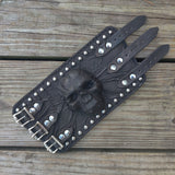 Handcrafted Genuine Vegetal Black Leather Embossed Skull Design With Revit's Cuff-Unisex Cool Gift Skull Leather Bracelet Wristband