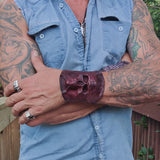 Handcrafted Medium Genuine Vegetal Black and Maroon Leather Embossed Skull Design Cuff-Unisex Cool Gift Skull Leather Bracelet Wristband