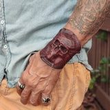 Handcrafted Medium Genuine Vegetal Black and Maroon Leather Embossed Skull Design Cuff-Unisex Cool Gift Skull Leather Bracelet Wristband