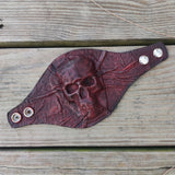 Handcrafted Medium Genuine Vegetal Black and Maroon Leather Embossed Skull Design Cuff-Unisex Cool Gift Skull Leather Bracelet Wristband