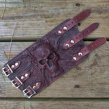 Made To Order-Handcrafted Genuine Rustic Brown Color Leather Embossed Skull Design Cuff-Unisex Cool Gift Skull Leather Bracelet Wristband