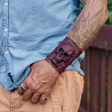 Made To Order-Handcrafted Genuine Rustic Brown Color Leather Embossed Skull Design Cuff-Unisex Cool Gift Skull Leather Bracelet Wristband