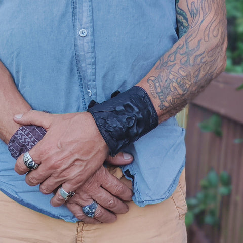 Handcrafted Genuine Vegetal Black Leather Embossed Skull Design Cuff-Unisex Cool Gift Skull Leather Bracelet Wristband