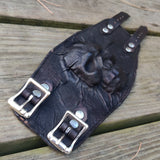 Handcrafted Genuine Vegetal Black Leather Embossed Skull Design Cuff-Unisex Cool Gift Skull Leather Bracelet Wristband