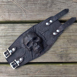 Handcrafted Genuine Vegetal Black Leather Embossed Skull Design Cuff-Unisex Cool Gift Skull Leather Bracelet Wristband