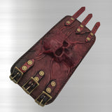 Handcrafted XL Genuine Vegetal Leather Rustic Maroon Embossed Skull Design Cuff Unique Unisex Gift Skull Leather Bracelet Wristband