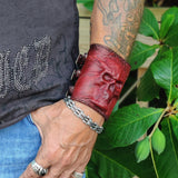 Handcrafted XL Genuine Vegetal Leather Rustic Maroon Embossed Skull Design Cuff Unique Unisex Gift Skull Leather Bracelet Wristband