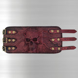 Handcrafted XL Genuine Vegetal Leather Rustic Maroon Embossed Skull Design Cuff Unique Unisex Gift Skull Leather Bracelet Wristband