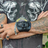 Handcrafted Medium Genuine Vegetal Black Color Leather Embossed Skull Design Cuff-Unisex Cool Gift Skull Leather Bracelet Wristband