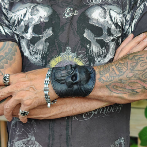 Handcrafted Medium Genuine Vegetal Black Color Leather Embossed Skull Design Cuff-Unisex Cool Gift Skull Leather Bracelet Wristband
