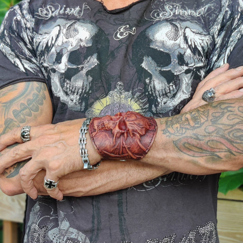 Handcrafted Genuine Vegetal Rustic Maroon Color Leather Embossed Skull Design Cuff-Unisex Cool Gift Skull Leather Bracelet Wristband