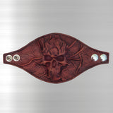 Handcrafted Genuine Vegetal Rustic Maroon Color Leather Embossed Skull Design Cuff-Unisex Cool Gift Skull Leather Bracelet Wristband