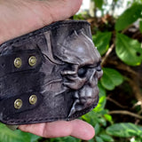 Made To Order-Handcrafted Rustic Color Genuine Leather Embossed Skull Design Cuff, Cool Unique Gift Skull Leather Bracelet-Biker's Wristband