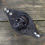 Made To Order-Handcrafted Genuine Black Vegetal Leather Embossed Skull Design Cuff, Cool Gift Skull Leather Bracelet-Biker's Wristband