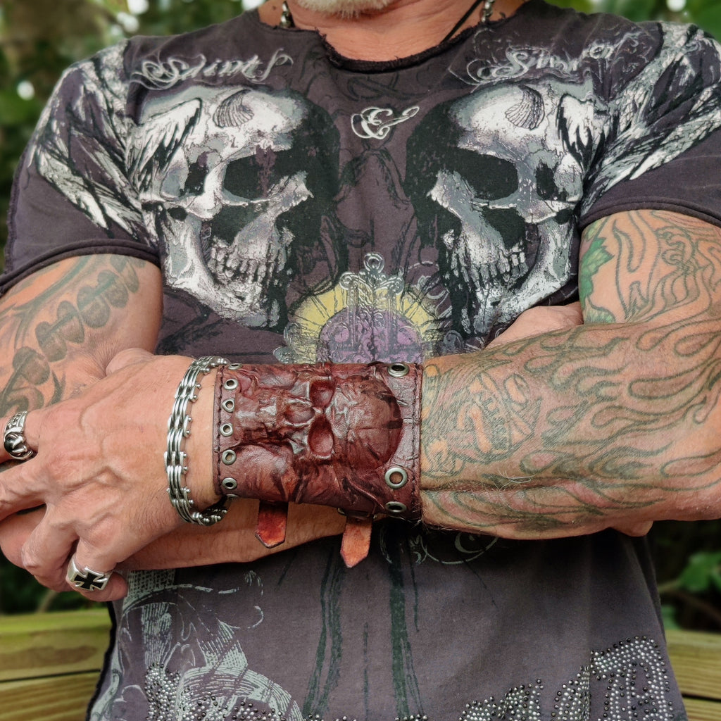 HM03 Brown Cool Biker Tribal Skull Metal Studded Mens Leather Bracelet HM03 Brown Cool Biker Tribal Skull Metal Studded Mens Leather Bracelet