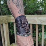 MADE TO ORDER - Handcrafted Genuine Rustic Vegetal Leather Embossed Skull Design Cuff, Cool Unique Lifestyle Gift Skull Leather Bracelet-Biker's Wristband