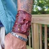 Made To Order-Handcrafted Genuine Brown Vegetal Leather Embossed Skull Design Cuff, Unique Gift Brass Eyelet Leather Bracelet-Wristband
