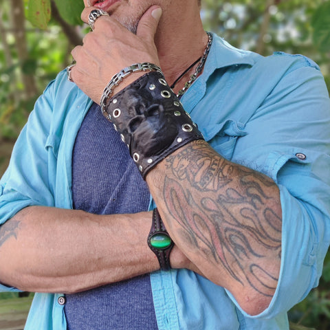 Made To Order-Handcrafted Genuine Black Leather Embossed Skull Design Cuff, Cool Unique Gift Chrome Eyelet Bracelet-Biker's Wristband