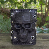 Made To Order-Handcrafted Genuine Black Leather Embossed Skull Design Cuff, Cool Unique Gift Chrome Eyelet Bracelet-Biker's Wristband