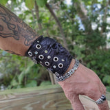 Made To Order-Handcrafted Genuine Black Leather Embossed Skull Design Cuff, Cool Unique Gift Chrome Eyelet Bracelet-Biker's Wristband