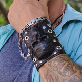 Made To Order-Handcrafted Genuine Black Leather Embossed Skull Design Cuff, Cool Unique Gift Chrome Eyelet Bracelet-Biker's Wristband