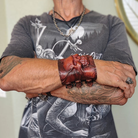 MADE TO ORDER-Handcrafted Genuine Leather Maroon Skull Design Cuff-Unisex Gift Embossed Skull-Cool Gift Leather Biker Wristband Bracelet