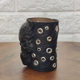 Made To Order-Handcrafted Big Black Genuine Leather Embossed Skull Design Cuff, Cool Unique Gift Chrome Eyelet Bracelet-Biker's Wristband