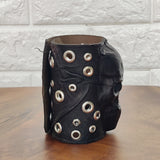 Made To Order-Handcrafted Big Black Genuine Leather Embossed Skull Design Cuff, Cool Unique Gift Chrome Eyelet Bracelet-Biker's Wristband