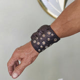 Made To Order-Handcrafted Big Black Genuine Leather Embossed Skull Design Cuff, Cool Unique Gift Chrome Eyelet Bracelet-Biker's Wristband