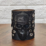 Made To Order-Handcrafted Big Black Genuine Leather Embossed Skull Design Cuff, Cool Unique Gift Chrome Eyelet Bracelet-Biker's Wristband