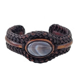 Boho Handcrafted Genuine Brown Braided Leather Bracelet with Gray Agate Stone-Unique Gift Fashion Jewelry Cuff