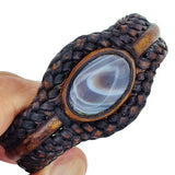 Boho Handcrafted Genuine Brown Braided Leather Bracelet with Gray Agate Stone-Unique Gift Fashion Jewelry Cuff