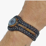 Boho Handcrafted Genuine Brown Braided Leather Bracelet with Gray Agate Stone-Unique Gift Fashion Jewelry Cuff