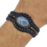 Boho Handcrafted Genuine Brown Braided Leather Bracelet with Gray Agate Stone-Unique Gift Fashion Jewelry Cuff