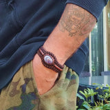 Boho Handcrafted Genuine Brown Braided Leather Bracelet with Gray Agate Stone-Unique Gift Fashion Jewelry Cuff