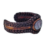 Boho Handcrafted Genuine Brown Braided Leather Bracelet with Gray Agate Stone-Unique Gift Fashion Jewelry Cuff