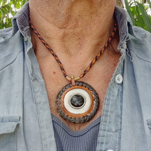 Boho Handcrafted Vegetal Braided Leather Necklace with Silver Plated Charm-Unique Gift Unisex Fashion Jewelry with Pendant