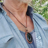 Boho Handcrafted Genuine Brown Vegetal Leather Necklace with Black Agate Stone Setting- Unique Gift Unisex Fashion Leather Jewelry