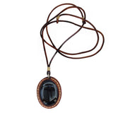 Boho Handcrafted Genuine Brown Vegetal Leather Necklace with Black Agate Stone Setting- Unique Gift Unisex Fashion Leather Jewelry