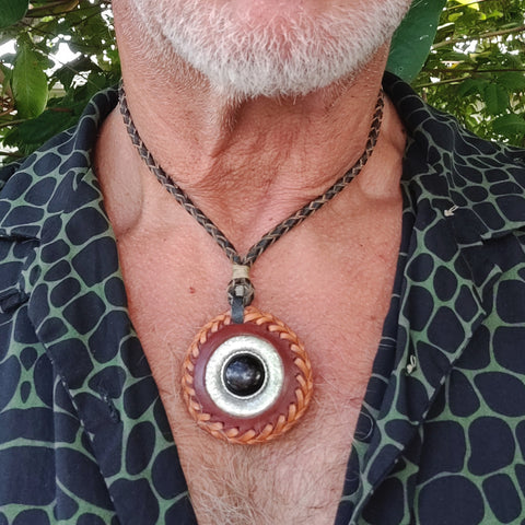 Boho Handcrafted Vegetal Brown Leather Necklace with Braided Silver Plated Charm-Gift Unisex Fashion Jewelry with Charm