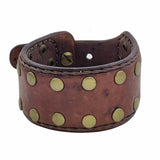 Handcrafted Genuine Brown Vegetal Leather Cuff with Brass Revit's Setting-Lifestyle Unique Gift Fashion Jewelry Bracelet