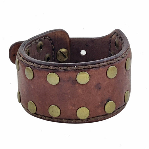 Handcrafted Genuine Brown Vegetal Leather Cuff with Brass Revit's Setting-Lifestyle Unique Gift Fashion Jewelry Bracelet