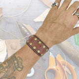 Handcrafted Genuine Brown Vegetal Leather Cuff with Brass Revit's Setting-Lifestyle Unique Gift Fashion Jewelry Bracelet