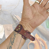 Handcrafted Genuine Brown Vegetal Leather Cuff with Brass Revit's Setting-Lifestyle Unique Gift Fashion Jewelry Bracelet